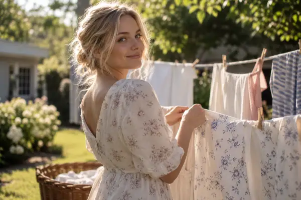 Ein weiches, leicht verschwommenes Videostandbild einer blonden Frau neben aufgehängter Wäsche in einem sonnigen Garten, bis zur Hüfte im Bild.