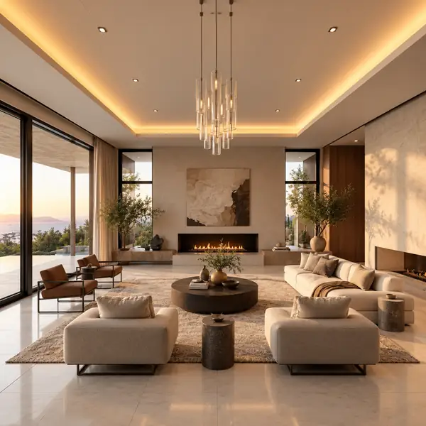 Ein modernes Wohnzimmer mit Sofas, einem Kamin und großen Fenstern, in sanften Details dargestellt.