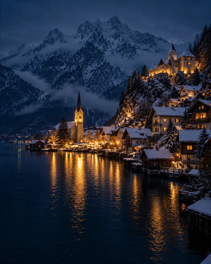 Ein Bergdorf in der Abenddämmerung mit warmen Lichtern, die sich im dunklen Wasser spiegeln.