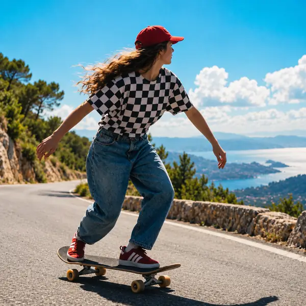 Ein Skateboarder in einem karierten Hemd auf einer Straße unter klarem blauem Himmel.