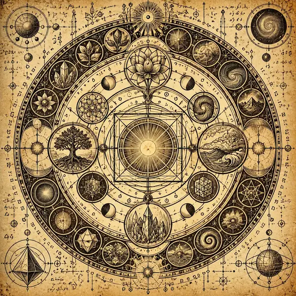 Ein gealtertes alchemistisches Diagramm voller kreisförmiger Symbole und kleiner Schriftzeichen.