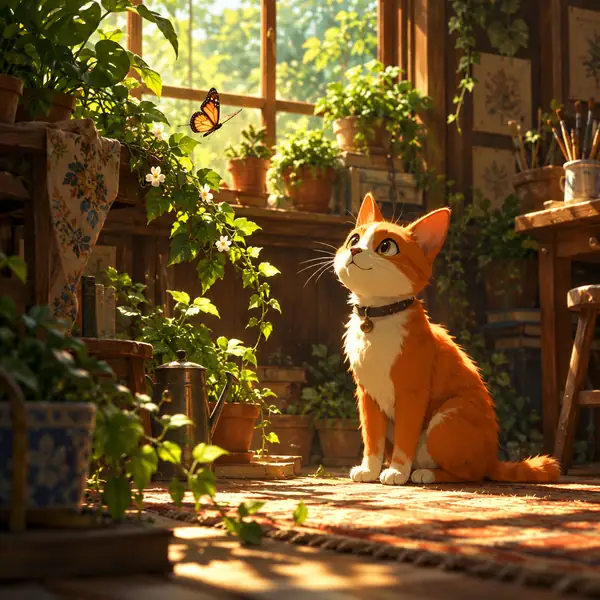 Eine illustrierte orangefarbene Katze in einem sanft dargestellten, sonnendurchfluteten Zimmer voller Pflanzen.