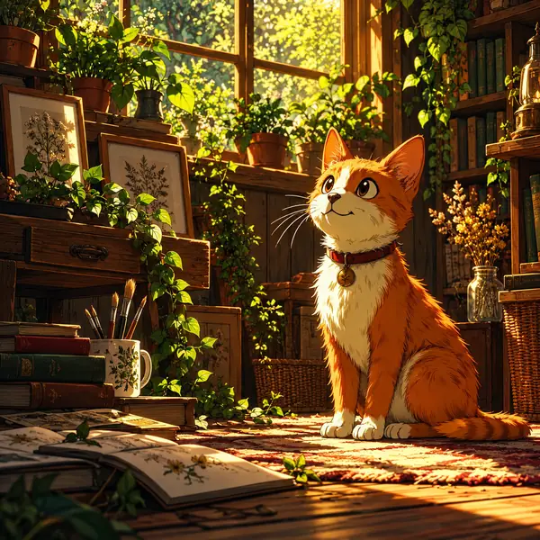 Eine illustrierte orangefarbene Katze sitzt in einem gemütlichen Zimmer voller Pflanzen.