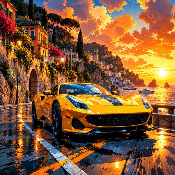 Ein illustrierter gelber Sportwagen auf einer Küstenstraße in der Stadt bei Sonnenuntergang.