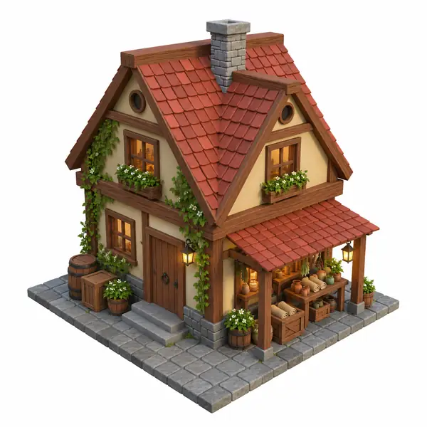 Ein isometrisches Spiel-Asset eines kleinen Holzhauses mit rotem Ziegeldach.