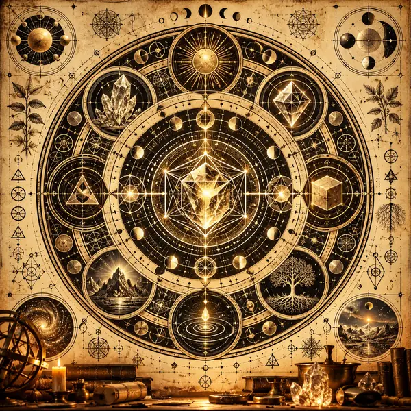Das alchemistische Diagramm mit deutlicher ausgeprägten Kreisen, Symbolen und Schriftzeichen.