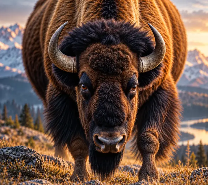 Derselbe Bison in Nahaufnahme, mit scharf definiertem Fell, Augen und Hörnern.