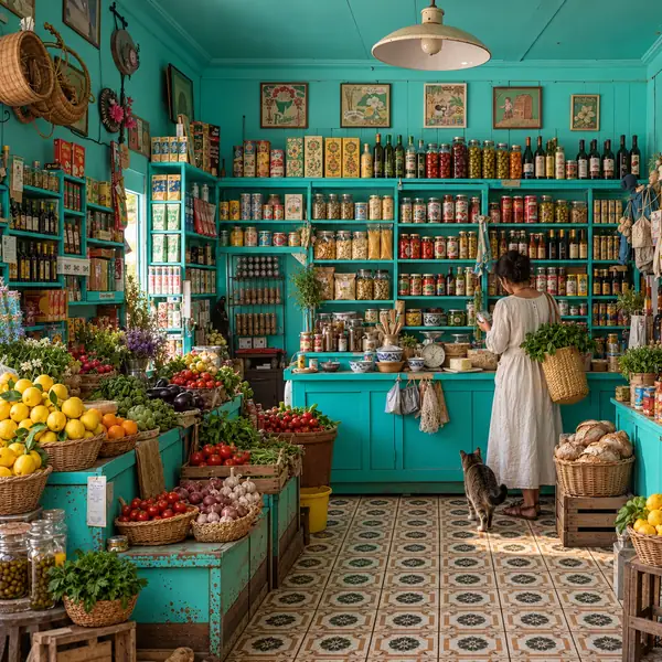 Derselbe türkisfarbene Laden, mit deutlicher erkennbaren Regalen, Produkten und gemustertem Boden.