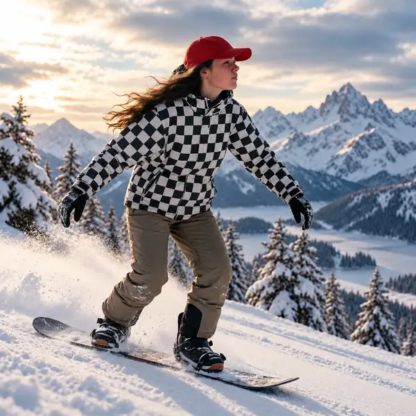 Der Skateboarder vor einer neu bearbeiteten Landschaft mit schneebedeckten Bergen.