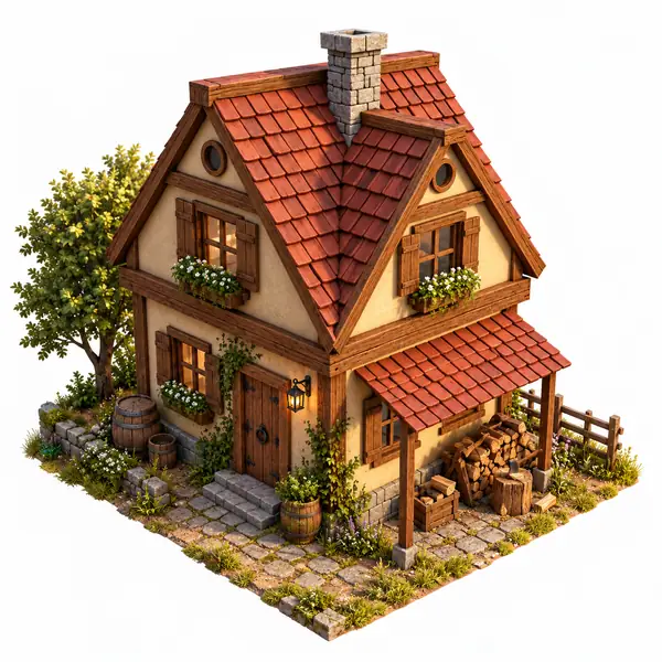 Das kleine Spiel-Asset-Haus mit schärfer gezeichneten Dachziegeln, Steinmauerwerk und Holzbalken.