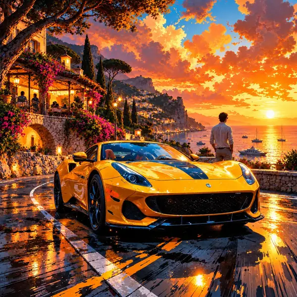 Die Szene mit dem gelben Sportwagen mit lebhaften Sonnenuntergangsfarben und klareren Spiegelungen.