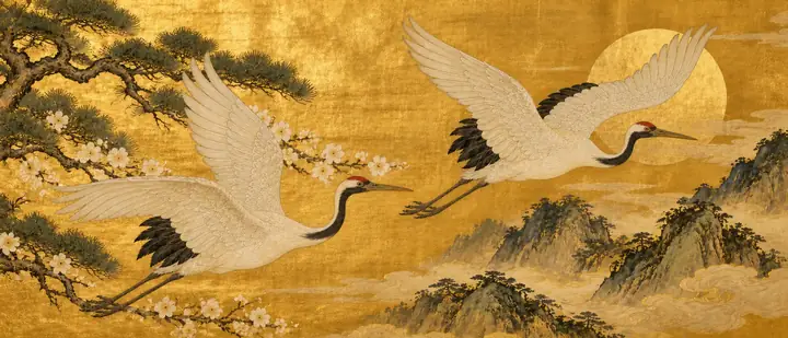 Weiße Kraniche fliegen über ein reich strukturiertes goldenes Gemälde.